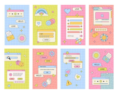 Hoş nostaljik 90 'lar buhar dalgası iletisi ve hikaye şablonu. Sosyal medya hikayeleri ve eski bilgisayar estetiği unsurları vektörü seti. Eski moda soyut arayüzün vektör illüstrasyonu.