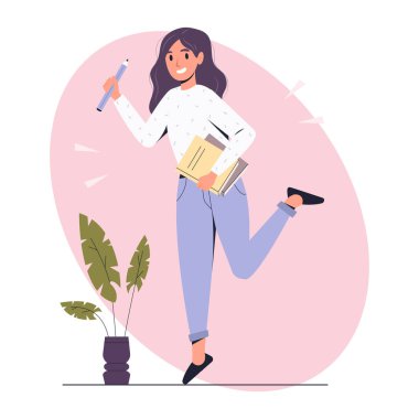 Genç bir kadın elinde büyük bir kalem tutuyor ve gülümsüyor. Metin yazarlığı ve blog konsepti. Vector Stock İllüstrasyonu Beyaz Arkaplanda İzole Edildi. Büyük bir kalemle duran sevimli öğrenci kız.. 