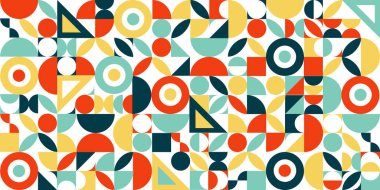 Yaratıcı soyut şekillere sahip renkli geometrik kusursuz desenli çizimler. Modern İskandinav tarzı arka plan baskısı. Modaya uygun parlak semboller ve minimalist şekil dokusu, geometri kolajı.