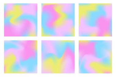 Yumuşak pastel renklerde örgü gradyan arka plan vektör kümesi. Uzayı metin için kopyala. Y2k estetik olarak soyut sıvı çizimleri. Sancaklar için modern şablonlar, markalaşma tasarımı, sosyal medya, kapaklar.