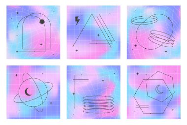 Kablosuz geometrik şekiller ve fütüristik küreler içeren vektör eğimli arkaplanlar. Y2k estetiğindeki soyut çizimler. Pastel renkler. Pankartlar, sosyal medya için moda minimalist tasarımlar,.