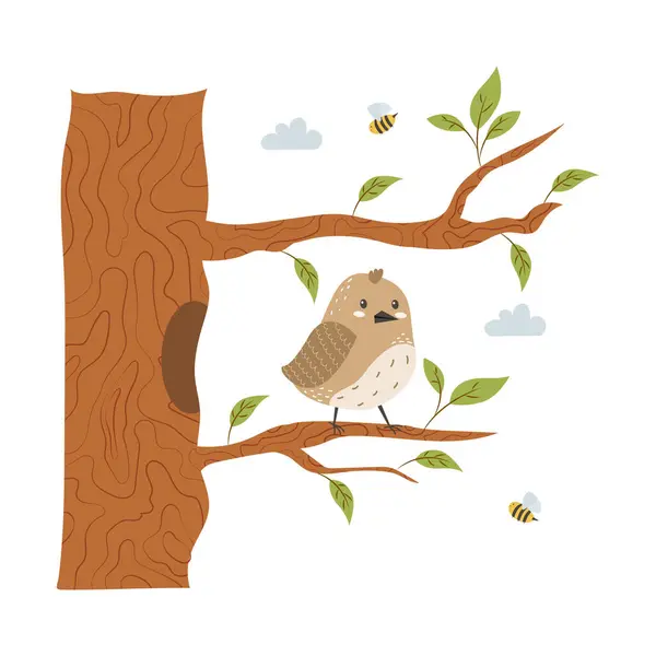 stock vector Cute bird sits on a tree branch. Funny curious sparrow. Charming funny wild bird, feathered on a twig. Flat vector stock illustration isolated on white background. Spring bird on a blossoming tree.