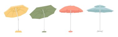 Cartoon beach umbrella. Sun protective outdoor large parasols with stripes, summer sunshade isolated vector illustration set. Colorful equipment for relaxation on seaside, vacation concept.