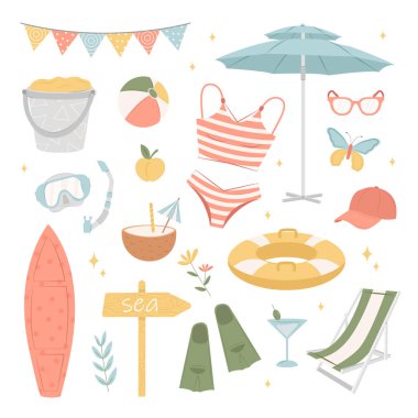 Büyük yaz seti. Plaj elementleri, mayo, şemsiyeli güneş şezlongu, yüzme çemberi, meyve, yüzgeç ve maske, plaj çantası, sörf tahtası, şapka. Çizgi film vektör çizimi. Aktif yaz tatili.