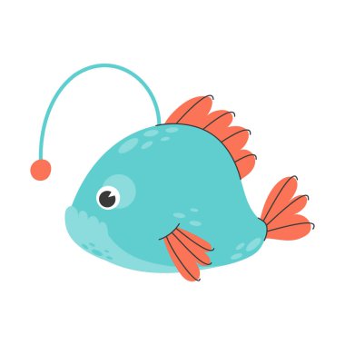 Şirin balıkçı balığı. Çocuk resimli bir balık. Maymun balığı okyanusun dibinde yaşıyor. Vektör stok illüstrasyonu beyaz arkaplanda izole edildi.