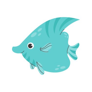 Beyaz arka planda yüzen eğlenceli bir balığın güzel bir temsili. Bebek tasarımı konsepti, bebek posteri için sevimli çizgi film karakteri. Komik deniz yaratığı.