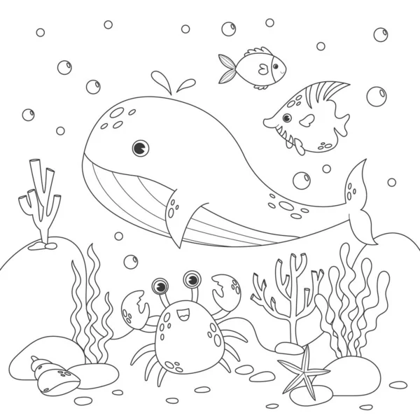 クジラ 海底のベクトルイラスト 子供のためのかわいい正方形のページの着色の本 シンプルで面白い子供たちが描いています 黒い線 白い背景のスケッチ — ストックベクタ