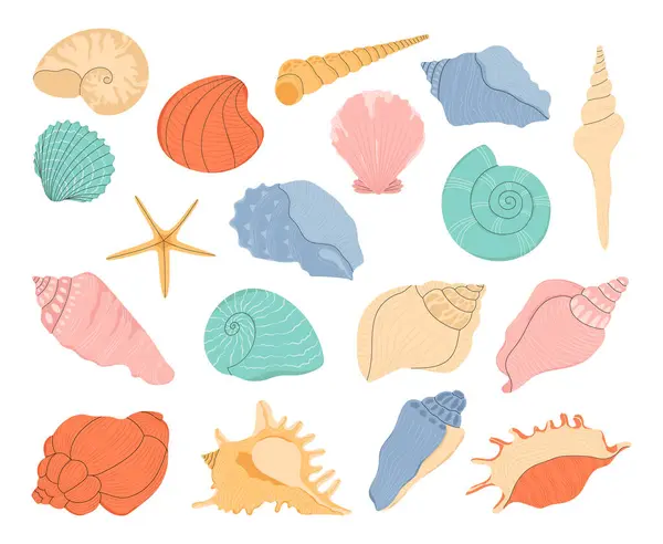 熱帯の貝殻 漫画のハマグリ ホタテ貝 軟体動物と海カタツムリのカラフルな水中コンチ 白に隔離された海洋貝のベクトルセット カラフルな海底要素 — ストックベクタ