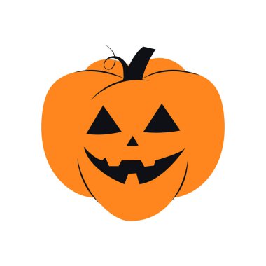 Cadılar Bayramı balkabağı simgesi. Vektör. Sonbahar sembolü. Düz tasarım. Gülümseme, mutlu yüz ile Cadılar Bayramı korkunç kabak. Turuncu kabak siluetbeyaz arka plan üzerinde izole. Karikatür renkli illüstrasyon.