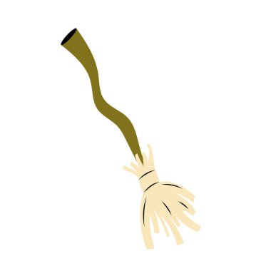 Şirin cadı süpürgesinin vektör çizimi. El yapımı sihirli element. Cadılar Bayramı kartı, poster, davetiye tasarımı için basit bir süpürge çizimi