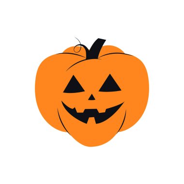 Cadılar Bayramı balkabağı simgesi. Vektör. Sonbahar sembolü. Düz tasarım. Gülümseme, mutlu yüz ile Cadılar Bayramı korkunç kabak. Turuncu kabak siluetbeyaz arka plan üzerinde izole. Karikatür renkli illüstrasyon.