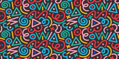 Eğlenceli renkli çizgiler, dikişsiz çizgiler. Çocuklar için yaratıcı minimalist tarz sanat geçmişi ya da temel şekilli moda tasarımı. Basit parti konfeti dokusu, çocuksu karalama şekli arkaplan.