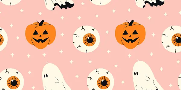 Cute Halloween Bezszwowy Wzór Nawiedzonej Dyni Oczy Różowym Tle Halloween — Wektor stockowy