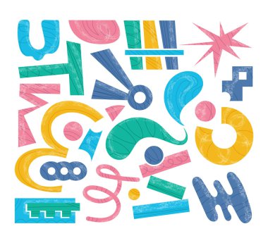 Renkli 90 'lar stili geometrik şekil seti. Moda düz çizgi film koleksiyonu, retro dekorasyonlu. Nostaljik zikzak çizgileri, üçgen unsuru ve 80 'lerin moda dokusu. Vektör stok illüstrasyonu