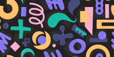 Soyut geometri kalıbı. Düzensiz şekilleri tekrar eden kusursuz arkaplan tasarımı. Yaratıcı rastgele elementlerle sınırsız doku. Kumaş ve dekorasyon için yazdırılabilir düz vektör çizimi