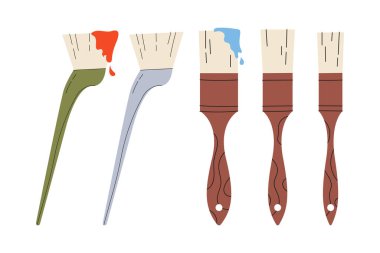 Kahverengi boya kalemini kırmızı ve mavi bir boya lekesi ile ayarla. Sanatçı, kuaför işi için bir araç ayarla. İzole edilmiş beyaz arka planda vektör stok çizimi. Resim için inşaat fırçaları.