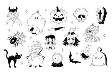 Tatlı Cadılar Bayramı karalamaları, şeker mi şaka mı, siyah beyaz çıkartmalar. Mutlu cadılar bayramı öğeleri sanat tarzında çizilmiş. Balkabağı, hayalet, mum, bıçak, kedi, mezar. Vektör stoğu izole edildi.