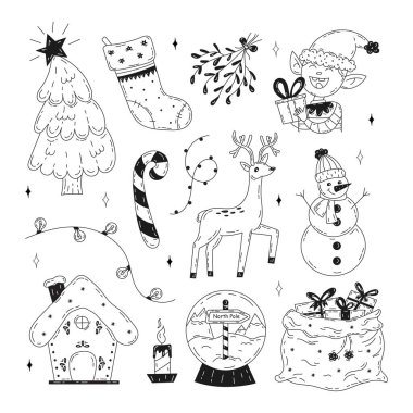 Karalama elementlerinin Noel seti. El çizimi Noel grafikleri. Tasarım için bir dizi tatil öğesi. İzole edilmiş beyaz arka planda vektör stok çizimi. Noel ağacı, elfler, kardan adam, hediye.