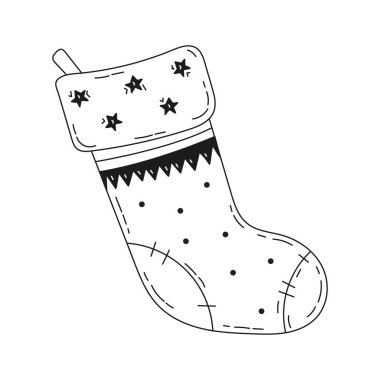 Karalama tarzında hediyeler için şirin bir Noel çorabı. Çocuk boyama kitabı. İzole edilmiş beyaz arkaplanda elle çizilmiş vektör çizimi.
