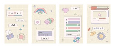 Hikayeler ya da posta şablonu, 90 'ların buharlı bilgisayar penceresi ve inek çıkartmaları. Sosyal medya için Y2k estetik arka planı, bilgisayar mesajları, UI, UX elemanları. Vektör illüstrasyonu