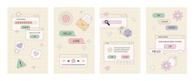 Retro çizgi film afişi, 90 'ların memphis tarzı kullanıcı arayüzü ögeleri simgeleri, tarayıcı penceresi nostaljik 90' ların geçmişe dönük buhar dalgası şablonu inek etiketleri UI UX setindeki geometrik çerçeveleri ayarladı