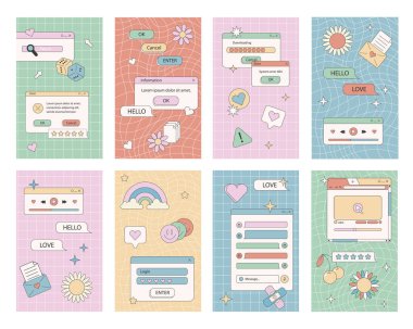 Hoş nostaljik 90 'lar buhar dalgası iletisi ve hikaye şablonu. Sosyal medya hikayeleri ve eski bilgisayar estetik unsurları seti. Eski moda soyut arayüzün gösterimi