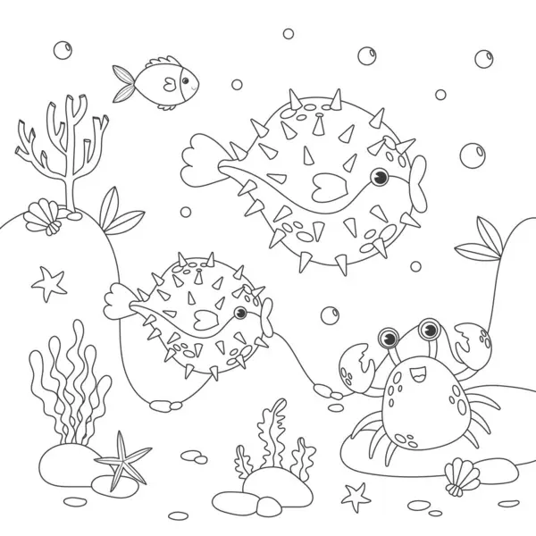 Fish sketch. Exotic fish coloring book. Cute animal character for kids design. Black and white illustration perfect for coloring page. Sea world coloring page.