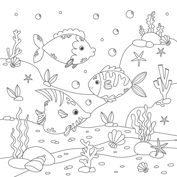 Childrens antistress coloring book with various fish, seabed and algae. stock illustration. Outline illustration of underwater life and marine animals. Antistress coloring book.