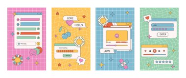 Hoş nostaljik 90 'lar buhar dalgası iletisi ve hikaye şablonu. Sosyal medya hikayeleri ve eski bilgisayar estetik unsurları. Eski moda soyut arayüzün gösterimi