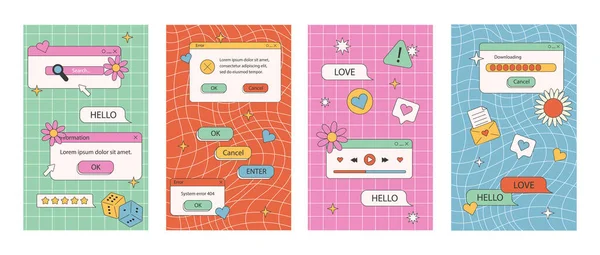 Hoş nostaljik 90 'lar buhar dalgası iletisi ve hikaye şablonu. Sosyal medya hikayeleri ve eski bilgisayar estetik unsurları. Eski moda soyut arayüzün gösterimi