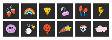 Saf, şakacı, soyut şekiller çıkartma paketi. Popüler dairesel oval dikdörtgen, 90 'ların modası geçmiş çizgi film tarzında tipografi. Dalgalı geometrik elementlerle stok çizimi. Acımasız estetik..