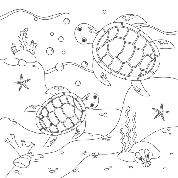 海底のイラスト 子供のためのかわいい正方形のページの着色の本 シンプルで面白い子供たちが描いています 黒い線 白い背景のスケッチ — ストック写真
