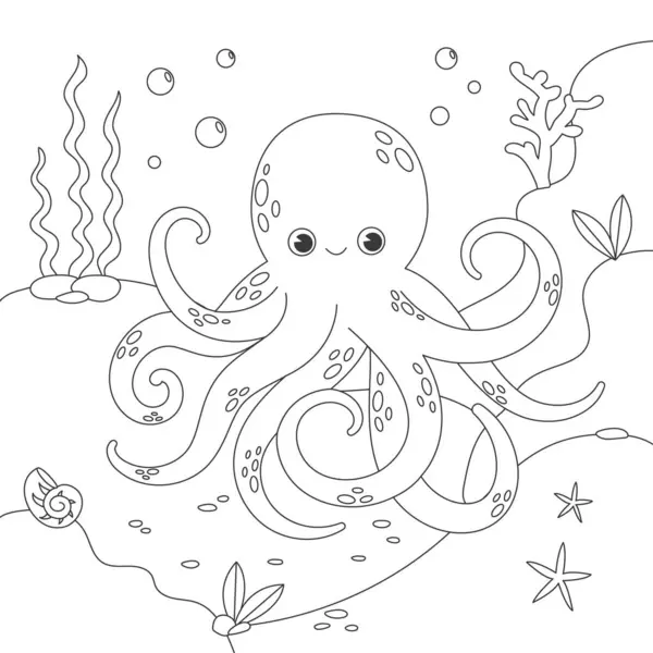 Ahtapot, deniz yatağı ve deniz yosunuyla çocuk boyama kitabı. Basit komik çocuklar çiziyor. Siyah çizgiler, beyaz arka planda çizimler. Stok çizimi. Hayat. Hayvanlar ana hatlarıyla. Doodle tarzı.