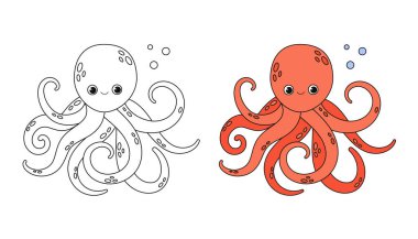 Çocuklar için ahtapot boyama kitabı. Neşeli bir karakter. Vektör çizimi. Sevimli çizgi film tarzı. Çocuklar için fantezi sayfası. Siyah çizgili siluet. Beyaz arkaplanda izole.