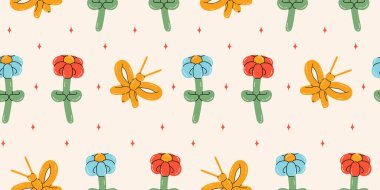 Kelebekli kusursuz desen, çiçek balonları. Parlak renkli tekrarlayan elementler. Stok çizimi. Renkli şirin baloncuk hayvanın vektörsüz deseni.