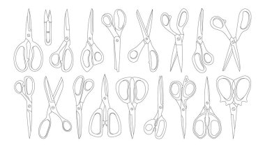 Doğrusal kesim, kesim ve tımar için çeşitli terzilerin makasları. Açık ve kapalı makasın vektör stok çizimi. Metal bıçaklar