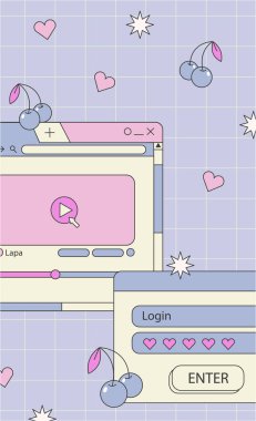 Hoş nostaljik 90 'lar buhar dalgası iletisi ve hikaye şablonu. Sosyal medya hikayeleri ve eski bilgisayar estetiği unsurları vektörü seti. Eski moda soyut arayüzün vektör illüstrasyonu.