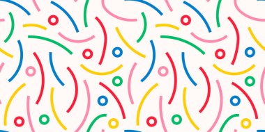 Eğlenceli renkli çizgiler, dikişsiz çizgiler. Çocuklar için yaratıcı minimalist tarz sanat geçmişi ya da temel şekilli moda tasarımı. Basit parti konfeti dokusu, çocuksu karalama şekli arkaplan.