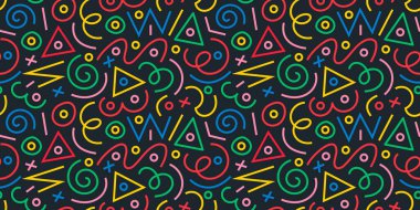 Çocuklar için siyah arkaplan ya da modaya uygun tasarım üzerindeki çizgi ve şekillerin karalama çizim stili. Kusursuz desenli yaratıcı minimalist stil sanat geçmişi. Vektör hisse arkaplanı