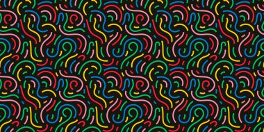 90 'ların eğlenceli, kusursuz kalıpları. Modayı takip eden çocuklar arka planda şekiller çizer. Çizgi, şekil, şirin. Farklı şekillerde soyut karalama arkaplanı. Vektör hisse arkaplanı