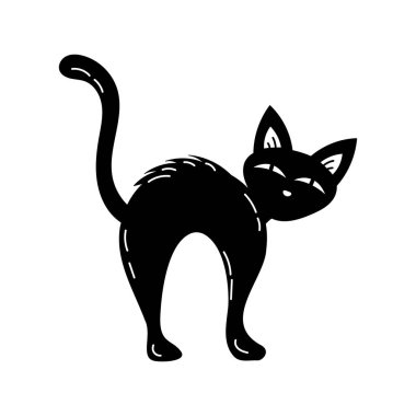 Beyaz arka planda izole edilmiş ürkütücü kara kedi. Cadılar Bayramı korkak kediciği. Cadılar bayramı ya da pagan büyücülüğü. Vektör stok illüstrasyonu. 
