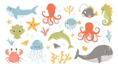Düz bir şekilde elle çizilmiş deniz canlıları ile ayarlanmış. Tasarımınız için bir dizi karikatür çizimi. Deniz altı faunası 