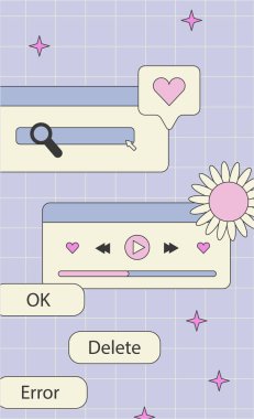 Hoş nostaljik 90 'lar buhar dalgası iletisi ve hikaye şablonu. Sosyal medya hikayeleri ve eski bilgisayar estetik unsurları. Eski moda soyut arayüzün gösterimi