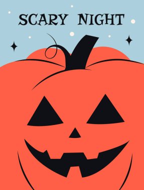 Mavi arka planda şirin bir balkabağı resmi olan Cadılar Bayramı tebrik kartı. Mutlu Cadılar Bayramı partisi posterleri ya da tebrik kartları. Dekorasyon, reklam, afiş ve poster için son moda düz tasarım