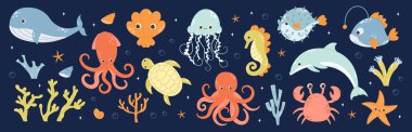 Bir dizi deniz ve okyanus altındaki hayvanlar. Şirin su kaplumbağası, balina, yunus, ahtapot ve renkli balıklar. Çocuksu renkli düz vektör çizimi. Deniz altı faunası 