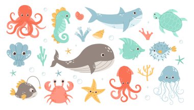 Şirin deniz hayvanları, sualtı yaratıkları, balıklar, denizanaları, balina ve ahtapot. Okyanus hayvanları, köpekbalığı, kaplumbağa, yengeç vektör sembolleri. Deniz altı faunası