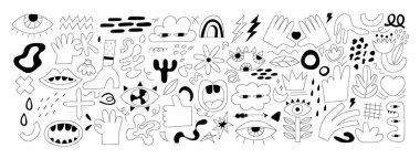 Büyük bir el çizimi çeşitli şekiller ve karalama nesneleri, tropikal elementler ve insan elleri. Soyut modern trend vektör illüstrasyonu. Tüm elementler izole edildi