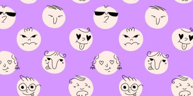 Yuvarlak soyut komik yüzler. Düz dizayn. Farklı renkli karakterler. Çocuklar için el yapımı moda Vektör çizimi. Kare pürüzsüz Desen