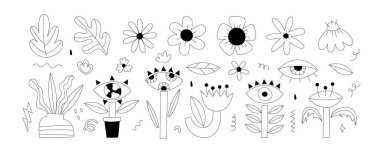 Saf karalama organik soyut çiçekler seti, el çizimi çiçek elementleri, vektör dokusu şekilleri. Çocuksu dekoratif doğal bahar matisse koleksiyonu. Çizgi sanatı psikedelik hippi çiçekleri