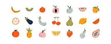 Meyve toplama düz el çizilmiş tarzı, çizimler ayarlayın. Tropikal meyve ve grafik tasarım öğeleri. Malzemeler renk cliparts. Sketch tarzı smoothie veya meyve suyu malzemeler.